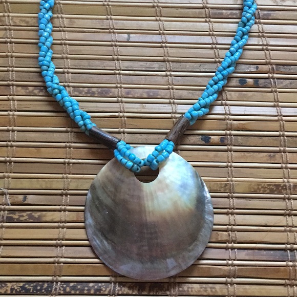 Turquoise Blue Tribal Wood Natural Shell Necklace Hippie Boho - Picture 2 of 7